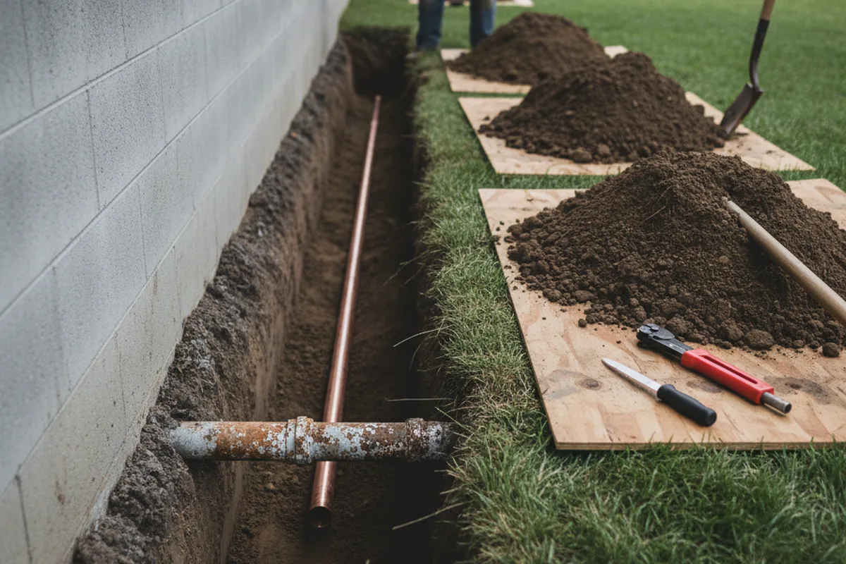 Excavated water line trench during Sewer Line Repair in Canton